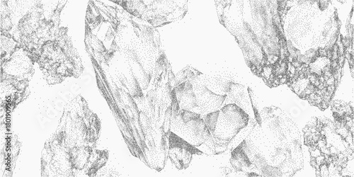 Background with stones and crystals in random layout, gritty surface texture and stipple dust, paper grain and faded ink around mineral forms.