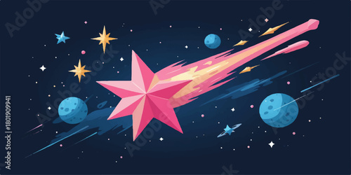 Vector illustration of a dark night sky with a rocket, stars, and planets