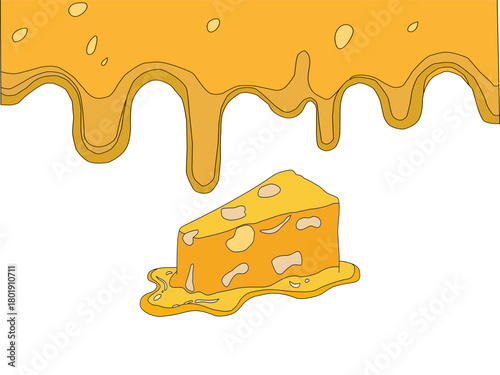 Melting cheese drip background. Smooth cheddar sauce pattern. Minimal liquid dairy splash texture for food design. Tasty snack topping abstract illustration wallpaper.