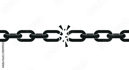 A strong metal chain is broken in the middle symbolizing failure weakness or a severed connection