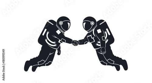 Two astronauts in silhouette shaking hands while floating in outer space against a white background