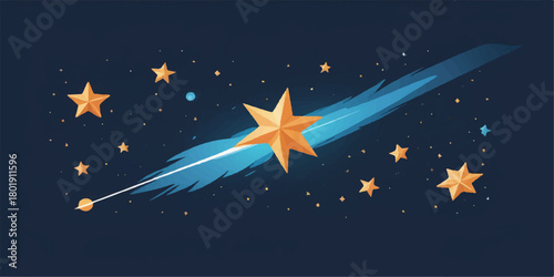 A cartoon vector illustration of stars and the night sky with a space shuttle launch symbol