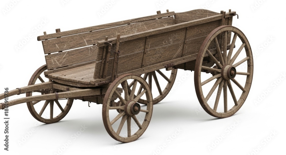 Fototapeta premium Old Wooden Wagon Isolated on White Background, Antique, Cart, Carriage