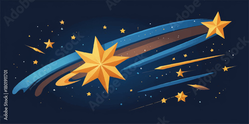 Bright vector illustration of a dark night sky with a glowing rocket flying past the moon and stars, perfect for a Christmas or new year card design