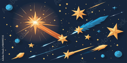 Vector illustration of a starry night sky design with bright space light and winter snow pattern