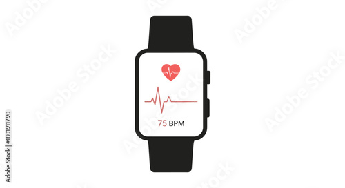 Smartwatch displaying heart rate and electrocardiogram on screen with white background