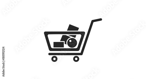 Simple black silhouette icon of a shopping cart filled with various grocery items on a white background
