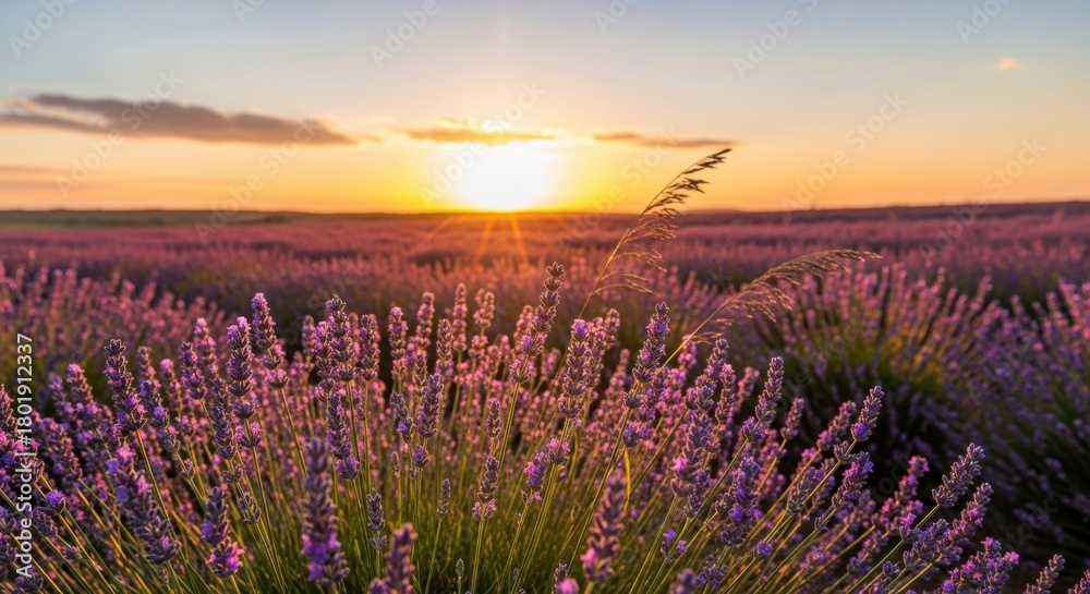 Obraz premium Sunset Over Lavender Field, Nature, Flower, Purple