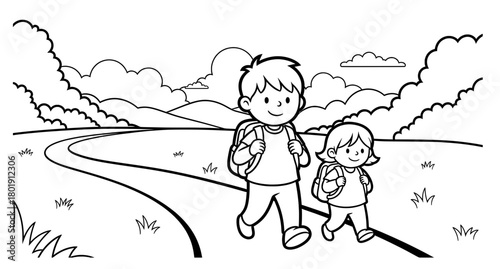 Two children walking along a winding path in a scenic landscape, carrying backpacks, surrounded by fluffy clouds and rolling hills, perfect for coloring pages and creative activities