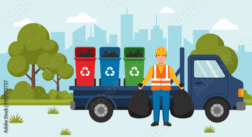 Garbage truck with garbage collector sorting different waste with city background for waste management concept