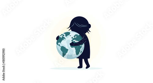 Young child silhouette holding the earth globe with love and care symbolizing environmental protection and future generations