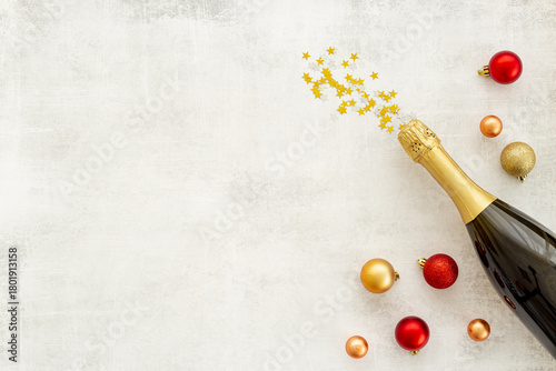 Wallpaper Mural Christmas decoration flat lay with champagne bottle and two glasses, top view Torontodigital.ca