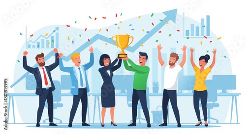 Team Celebrates Success with Trophy and Rising Graph, Vector Illustration