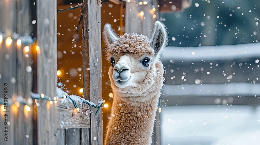 Naklejka premium curious alpaca peeking from snowy stable decorated with lights .