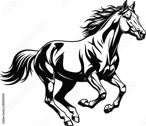 Running horse vector illustration black and white equine mammal animal eps silhouette