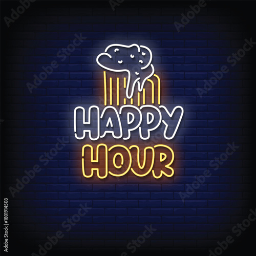 happy hour neon signboard with brick wall background vector