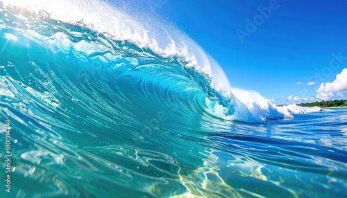 Fototapeta Naklejka Na Ścianę i Meble -  A vibrant wave crashing in a clear blue ocean, capturing the beauty of nature's power and serenity.