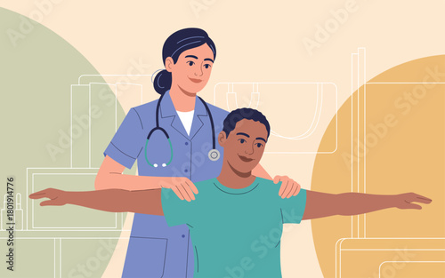 Nurse helping a patient with physical therapy and rehabilitation