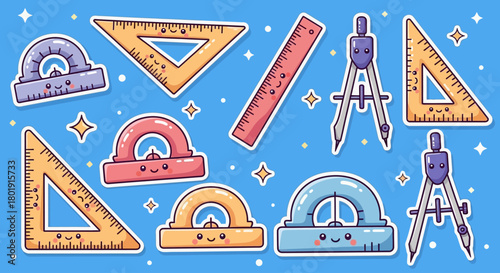 A dynamic flat design seamless pattern featuring playful, simplified geometry tools like rulers, protractors, and compasses in a clean, modern vector illustration style. 