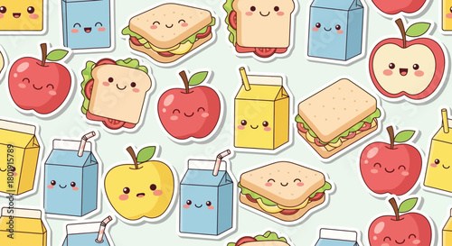 A cheerful flat design seamless pattern presenting playful, simplified apples and various lunch items in a clean, modern vector illustration style. This design is perfect for promoting healthy eating 