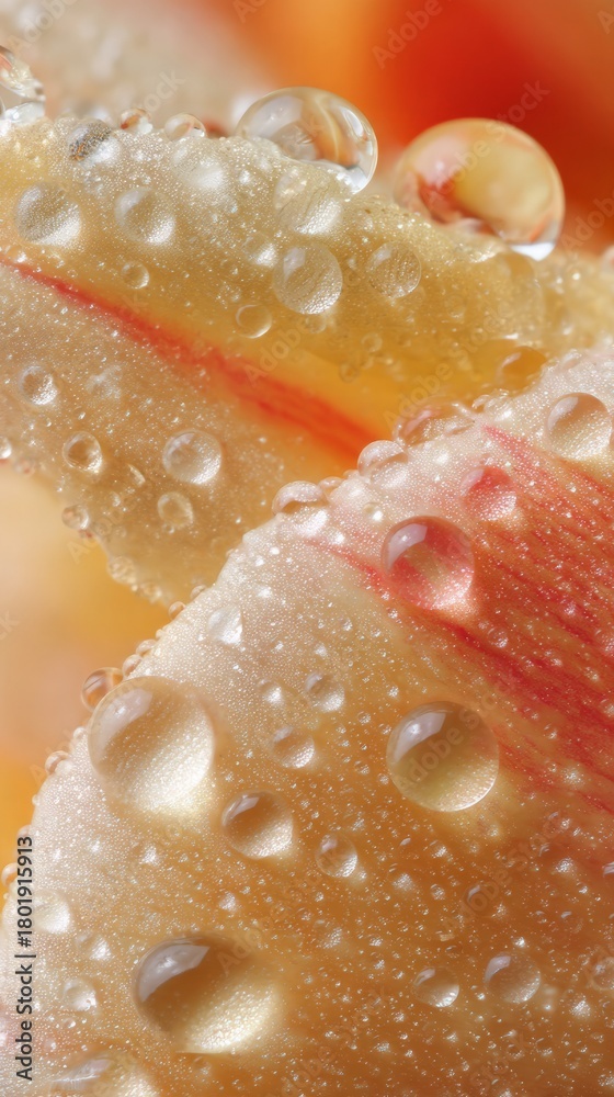 Fototapeta premium Water droplets glisten on orange yellow flower petal, shimmering beautifully, fresh morning dew detail.