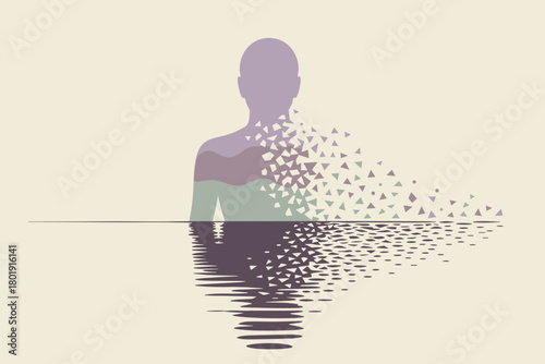 Fragmented Human Form Reflecting in Water - Minimalist Vector Art