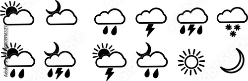 Weather icon set featuring sun, clouds, rain, storm, and snow elements in clean line art style for apps, infographics, and forecast designs.