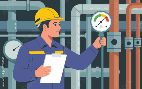 Industrial worker checking pressure gauge with clipboard in a facility