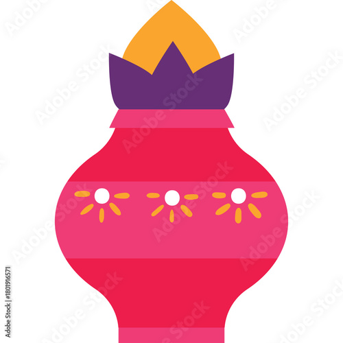 A Festive Pink Kalash Pot Adorned with Decorative Flower Motifs and Topped with a Yellow Flame Symbolizing Auspiciousness and Prosperity