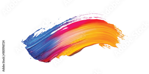 Vibrant blue pink and yellow paint brush stroke with textured streaks and splatters on white background