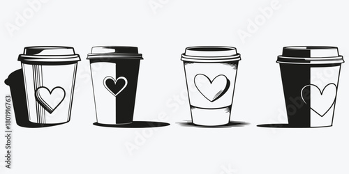 paper coffee cup with heart sketch illustration vector set