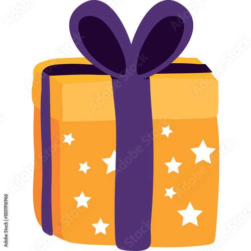 A Stylized Orange Gift Box Tied With A Purple Ribbon And Decorated With White Stars Isolated On A Transparent Background For Celebrations