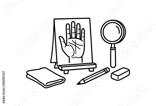 flat vector handdrawn black and white bold clean outlines white background palmistry kit hand diagram card blank magnifying glass pencil eraser cloth stand no logos