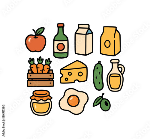 Cute doodle farm products collection flat vector illustration bold handdrawn outlines bright solid fills isolated on white clean white space sticker style minimal detail feta olive slice