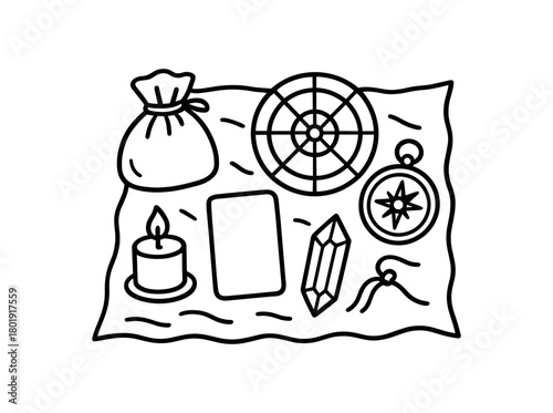 flat vector handdrawn black and white bold clean outlines white background travel astrology altar wheel card blank pocket compass small candle crystal pouch cloth no logos