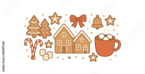 Cozy Christmas flat vector illustration collection of cute festive icons tiny gingerbread village cookie trees icing stars peppermint sticks marshmallows cocoa mug bow bell confetti dots