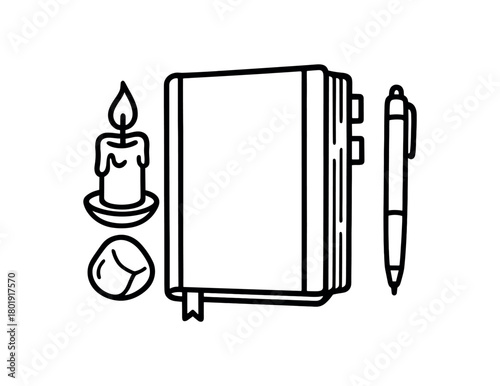 flat vector handdrawn black and white bold clean outlines white background ritual journaling hardcover journal gel pen candle crystal tumble page tabs no logos