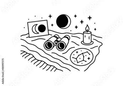 flat vector handdrawn black and white bold clean outlines white background lunar eclipse night crescent viewer card binoculars map candle blanket no logos