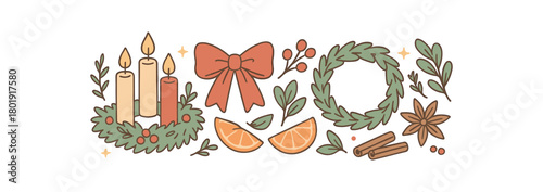 Cozy Christmas flat vector illustration collection of cute festive icons advent candles wreath base bow anise orange slices cinnamon sticks berries leaves tiny stars sparkles arranged