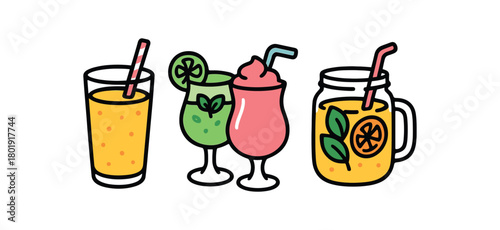 Cute doodle summer drinks collection flat vector illustration bold handdrawn outlines bright solid fills isolated on white clean white space sticker style minimal detail mango lassi glass
