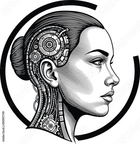 Cyborg woman ai artificial intelligence robot head black and white art eps silhouette