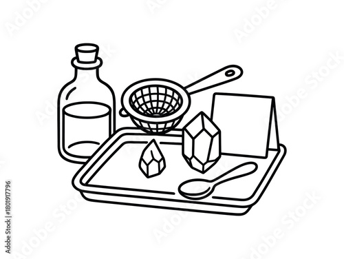 flat vector handdrawn black and white bold clean outlines white background crystal elixir prep glass bottle strainer tray crystal outside sign card blank spoon no logos