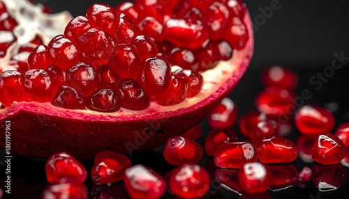 Fototapeta Naklejka Na Ścianę i Meble -  Granada fresca abierta con granos rojos brillantes sobre superficie oscura en un primer plano vibrante y gastronómico