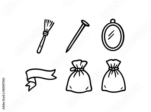 flat vector handdrawn black and white bold clean outlines white background threshold protection small broom iron nail mirror ribbon sachet no logos
