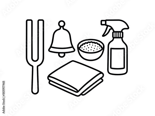 flat vector handdrawn black and white bold clean outlines white background aura cleanse set tuning fork bell salt bowl spray bottle cloth no logos