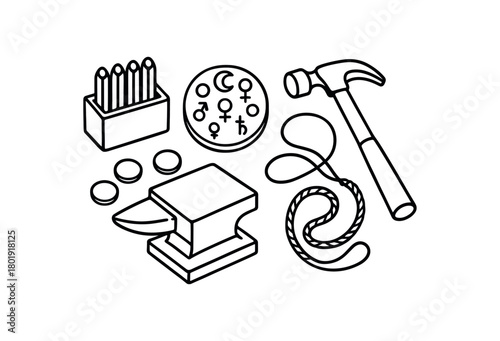 flat vector handdrawn black and white bold clean outlines white background planetary talisman desk metal blanks stamp set hammer anvil cord no logos