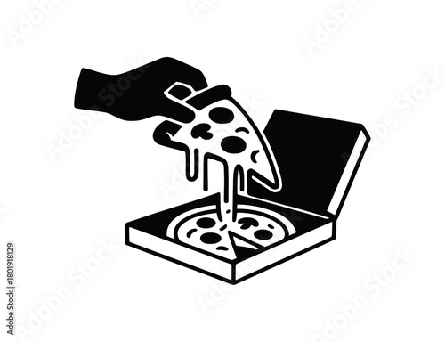 Pizza slice lifted from box no face black silhouette with cheese stretch and topping lines flat fast food vibe