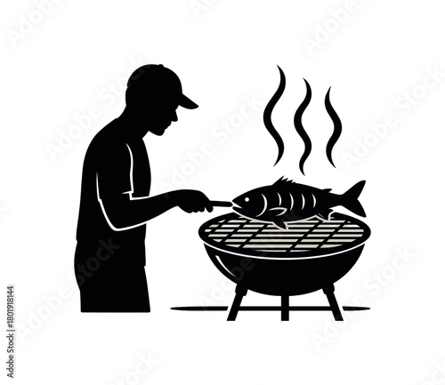 Fish grilling on barbecue no face black silhouette with grate and smoke lines summer cookout moment
