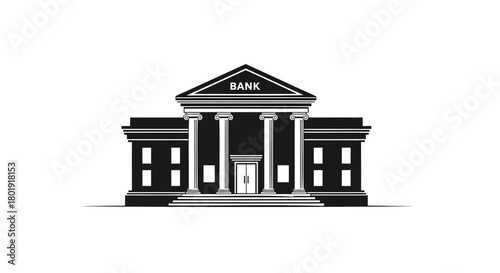 Classic bank building facade with columns and pediment featuring the word bank