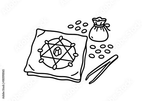 flat vector handdrawn black and white bold clean outlines white background crystal grid travel foldable cloth stones center stone pouch tweezers no logos